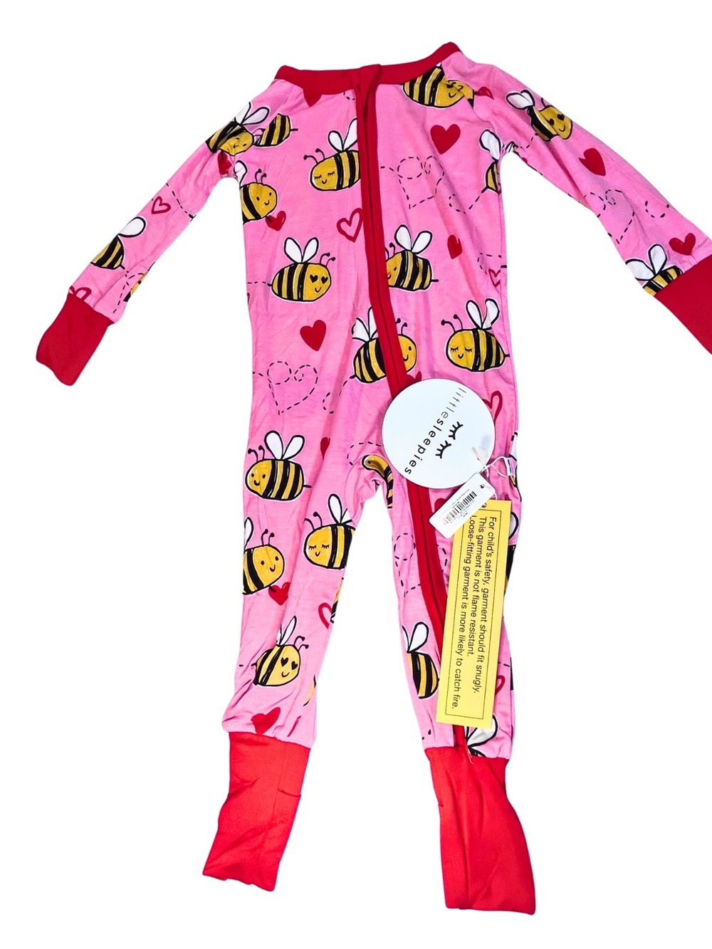 Little Sleepies NWT Long Pajama Sleep Onesie Full Zip Red Pink Bee Hearts 6-12M
